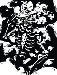 Cowboy skeleton with cigar in its mouth with smoke around
