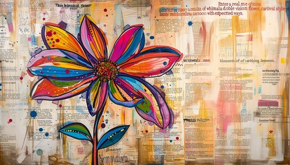 brightly colored flower newspaper page quote large canvas energetic daisy standing confidently stained offhand evokes delight sprouting - obrazy, fototapety, plakaty