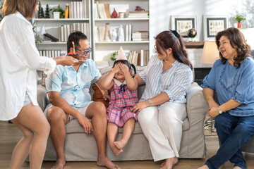 Portrait of happy love asian big family father and mother with asian baby and little girl happy...
