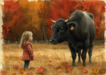 little girl standing field cow tenderness inquisitive look black canvas dialogue illustration autumn forest resembles bulls princess petting zoo - obrazy, fototapety, plakaty