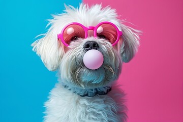 Maltese dog blowing bubble gum wearing sunglasses fashion portrait on pink blue background. presentation. advertisement. invitation. copy text space.