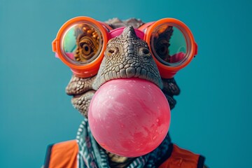 Dinosaur blowing bubble gum wearing glasses fashion portrait on solid pastel background. presentation. advertisement. invitation. copy text space.