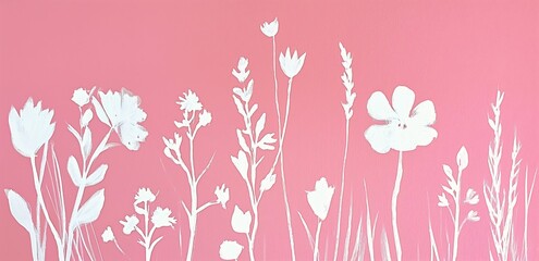 white flowers pink background sky acrylic buttercups wall store shrubs mono printing dry grass enchanted plants paint - obrazy, fototapety, plakaty