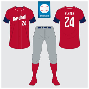 Baseball uniform or baseball jersey mock up. Sportswear, t-shirt sport, short, sock template. Front and back view baseball kit. Flat baseball logo on blue label. 
