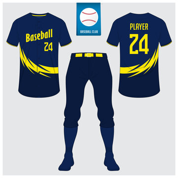 Baseball uniform or baseball jersey mock up. Sportswear, t-shirt sport, short, sock template. Front and back view baseball kit. Flat baseball logo on blue label. 