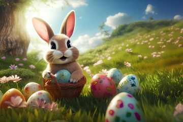 Bright and cheerful digital illustration of a cute rabbit and Easter eggs They are often used to decorate during Easter. Rabbit represents life, rebirth and abundance. Eggs represent life and rebirth.