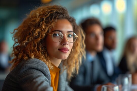 woman glasses sitting table people strong confident personality low depth field effect short curly blonde haired girl laser focus well dressed proud look interconnections
