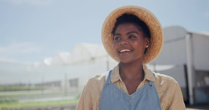Farmer, thinking and black woman with a smile, agriculture and countryside with ideas and decision. African person, worker and happy with sustainability and industry with summer and eco friendly