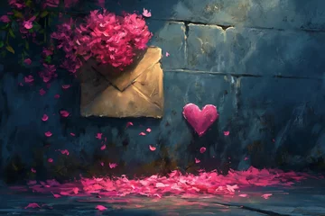 Papier Peint photo Graffiti pink heart window petals ground delivering mail cute wow signature blue wall graffiti ancient keys beautifully rich moody color