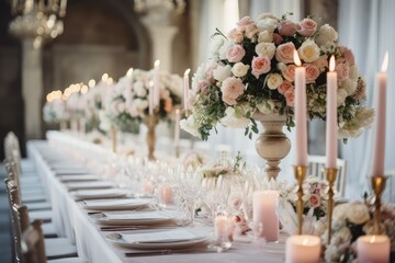 Wedding table decoration with flowers, candles and cutlery. Festive table setting with plates, candles and floral bouquet. Table set for banquet in luxury restaurant. Celebration.