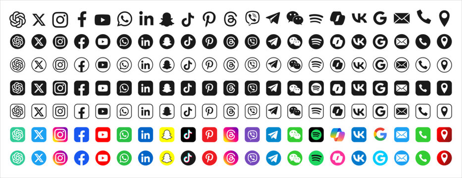 Social network buttons 2024. Social media web icon set.   X, Facebook, Threads, Instagram, YouTube, TikTok, Spotify, 
 WhatsApp, LinkedIn etc...