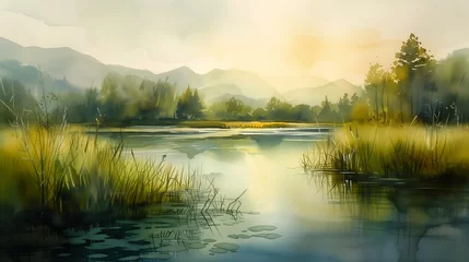 Tuinposter lake deep mountains background sunrise brush river stream large diagonal strokes loosely cropped nature journal marsh vegetation illusion hidden phragmites sun sand mists © Cary