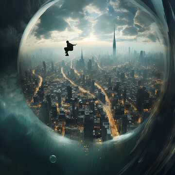 A Surreal Scene Of A Person Floating In A Bubble Above A City.