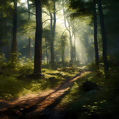 A serene forest scene with sunlight filtering through the leaves.