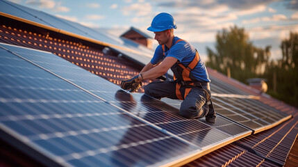 worker installing solar panels on a roof