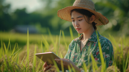 woman in rice field using digital tablet monitoring and managing rice field organic farm. Modern technology smart farming agriculture and sustainability concepts.