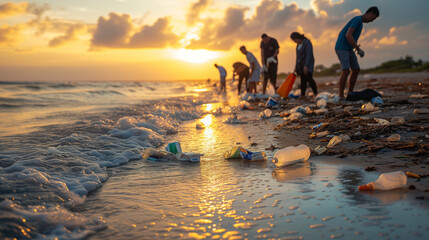 a group of people cleaning up the beach from trash and palstic pollution, peaple collecting garbage from the beach, sllective focus on plastic bottles