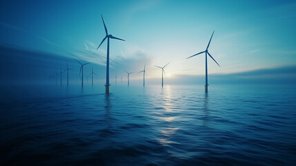 windmill turbines generating green energy, global warming climate change concept, windmill turbines in the ocean at sea