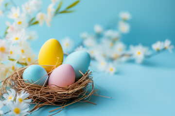 easter background postcard with a basket with painted eggs