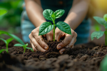 close up of woman hands planting vegetables in garden, Close up woman hands planting green tree sprout in ground. Seedling put down by its roots into fertile soil and corrected by pressing soil with h