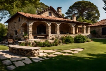 Fototapeta premium a very beautiful old stone hone in the city, greenery all around the house, spring season, modern stone house