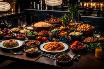 Obraz premium foods in the restaurant, tasty foods in the hotel, diverse foods on wooden table in the restaurant