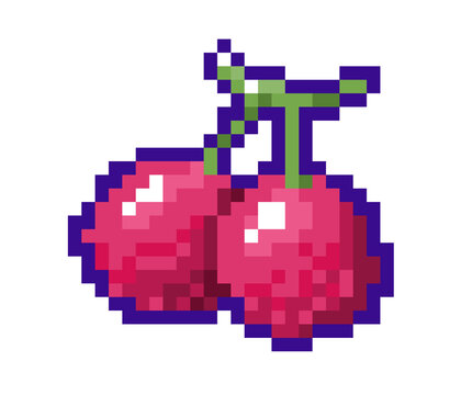 8 bit Red Cherry green stem pixel  element icon