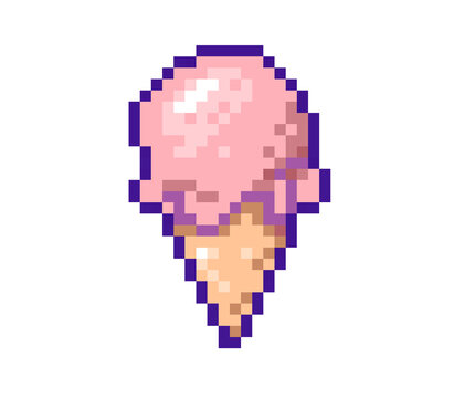 8 bit Pink ice cream and brown waffle cone pixel element icon