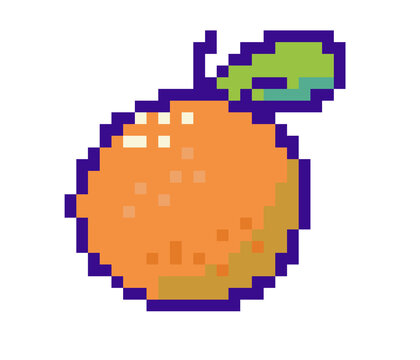 8 bit orange green leaf pixel fruit element icon