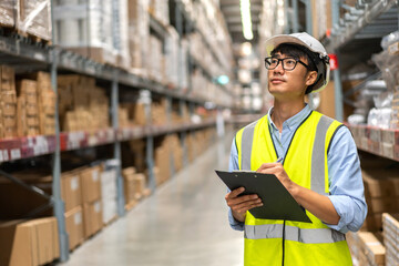 Portrait of smiling asian engineer man order details checking goods and supplies on shelves with goods background in warehouse.logistic and business export.