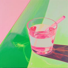 vintage silk screen print of drinks on a vibrant pink and green 