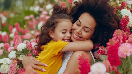 Fototapeta premium Happy Mother and Daughter Enjoying Quality Time Together. Joyful Mom Embracing Her Daughter Surrounded by Flowers. Heartwarming and Emotionally Resonant for Mother's Day