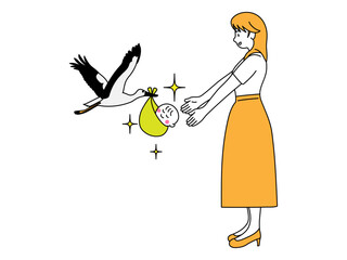 コウノトリから赤ちゃんを受け取る女性