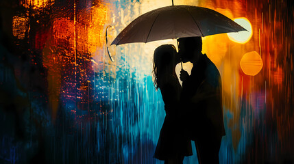 silhouette kissing under umbrella