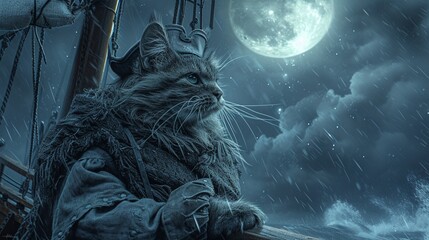 A rugged Maine Coon, dressed as a pirate captain, steering a galleon ship through stormy seas under a moonlit sky filled with stars.  - obrazy, fototapety, plakaty
