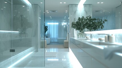 A contemporary bathroom with marble countertops, glass shower enclosures, and sleek chrome...