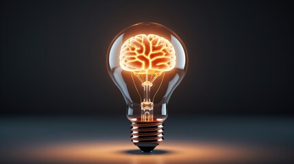 Lighted bulb lamp with human brain inside on dark background