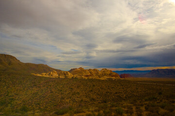 Fototapeta na wymiar Dramatic wide-angle view of distinctive rock formations at Red Rock Canyon