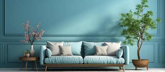 Modern living room with mint blue sofa and wall.