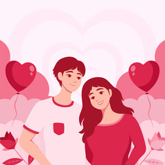 Vector Cartoon Flat Illustration.Young People in Love. Valentine's Day Greeting Card Concept in Red and Pink Colors. Flying Love Balloon, Clouds, and Roses.