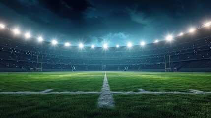 Panoramic view of a football stadium at night with lights