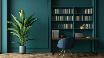Teal Elegance: Modern Home Office with Stylish Wooden Bookshelf and Blue Chair Teal Walls, Chic Furniture, and a Touch of Greenery