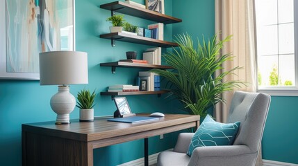 Modern home office space with teal walls, floating wooden shelves, a sleek brown desk, white ceramic lamp, gray upholstered chair with a blue cushion, laptop, decorative books, potted plant, and windo