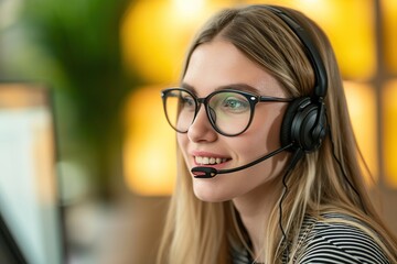 Close-up photo of smiling young woman wearing headsets working in a call center.