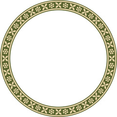 Vector round gold and green Indian national ornament. Ethnic plant circle, border. Frame, flower ring. Poppies and leaves..