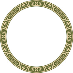 Vector round gold and green Indian national ornament. Ethnic plant circle, border. Frame, flower ring. Poppies and leaves..