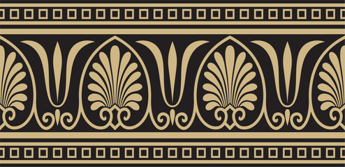 Vector gold and black seamless classic greek ornament. Endless European pattern. Border, frame Ancient Greece, Roman Empire.. - obrazy, fototapety, plakaty