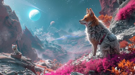 An intergalactic journey where pets and their alien friends explore vibrant, otherworldly landscapes. - obrazy, fototapety, plakaty