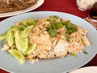thai rice with fried chicken on plate