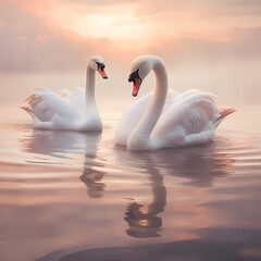 Elegant swans gliding on a calm lake - obrazy, fototapety, plakaty